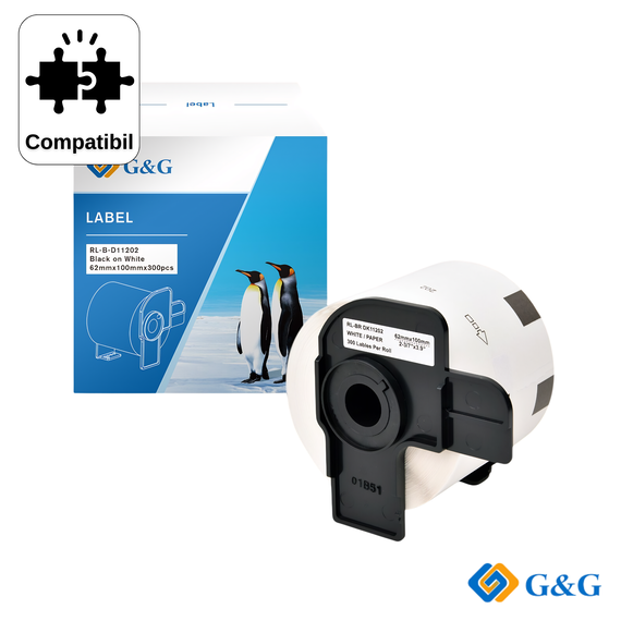 Rola etichete compatibila G&G DK-11202, hartie transport, negru pe alb, 62 x 100 mm, compatibil Brother - Papet