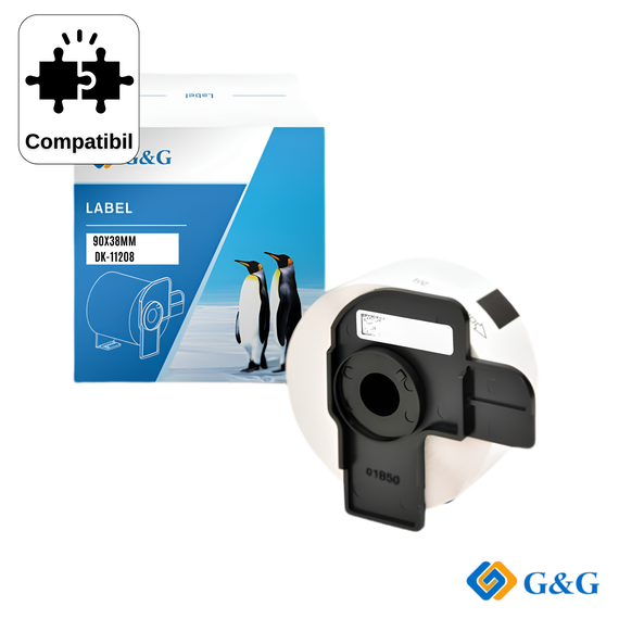 Rola etichete compatibila G&G DK-11208, 400 etichete pre-taiate, negru pe alb, 38 x 90 mm, compatibil Brother - Papet