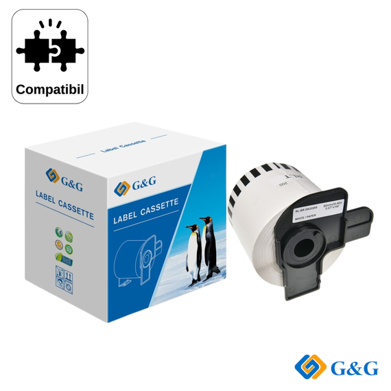 Banda etichete continua compatibila G&G DK-22205, hartie, negru pe alb, 62mm x 30.48m, compatibil Brother - Papet
