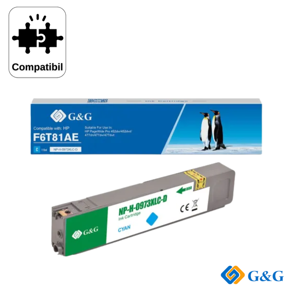 Cartus inkjet remanufacturat G&G Cyan 973X F6T81AE, pentru HP PageWide Pro 452dw, 7.000 pagini - Papet