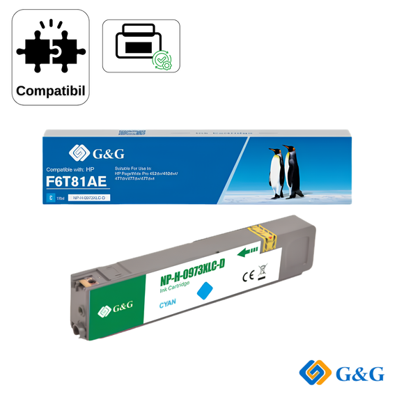 Cartus inkjet remanufacturat G&G Cyan 973X F6T81AE Anti Update, pentru HP PageWide Pro 452dw, 7.000 pagini - Papet