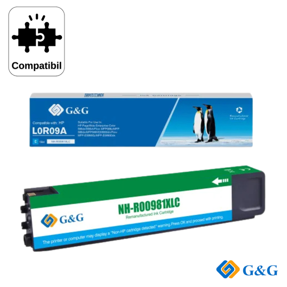 Cartus inkjet remanufacturat G&G Cyan 981X L0R09A, pentru HP PageWide Enterprise 556dn, 10.000 pagini - Papet