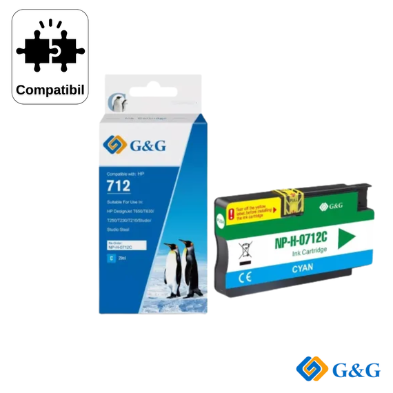 Cartus inkjet remanufacturat G&G Cyan 712 3ED67A pentru HP DesignJet T630, 29 ml - Papet