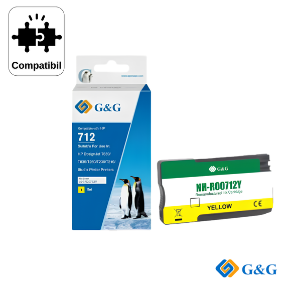 Cartus inkjet remanufacturat G&G Yellow 712 3ED69A pentru HP DesignJet T630, 29 ml - Papet