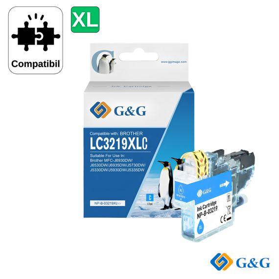Cartus inkjet compatibil G&G Cyan LC3219XLC, pentru Brother MFC‑J6930Dw, 1.500 pagini - Papet