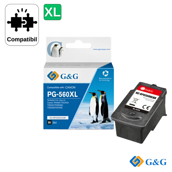 Cartus toner remanufacturat G&G Black PG-560XL, pentru Canon Pixma TS5350, 20 ml - Papet