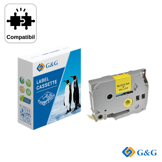 Banda laminata puternic adeziva compatibila G&G TZe-S631, negru pe galben, 12mm x 8m, compatibil Brother - Papet