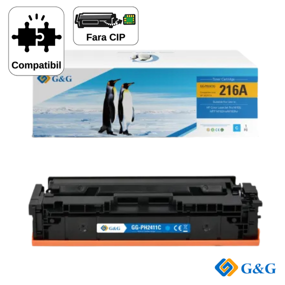 Cartus toner compatibil G&G Cyan W2411A 216A, fara cip, pentru HP Color LaserJet Pro MFP M182n, 850 pagini - Papet