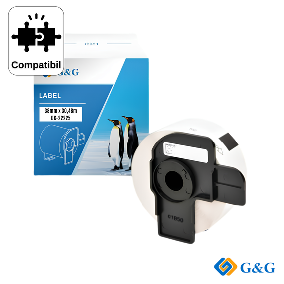 Banda etichete continua compatibila G&G DK-22225, hartie, negru pe alb, 38mm x 30.48m, compatibil Brother - Papet