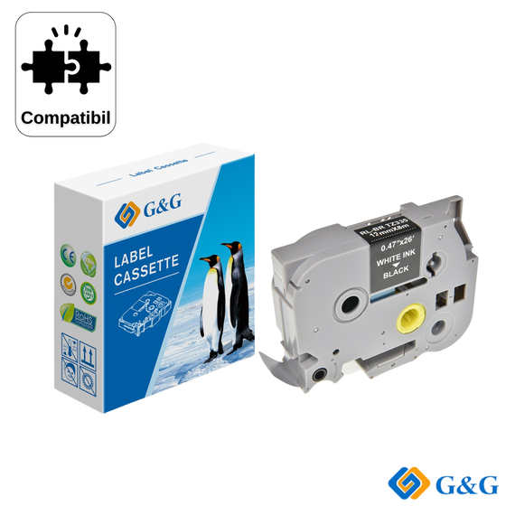 Banda laminata compatibila G&G TZe-335, negru pe alb, 12mm x 8m, compatibil Brother - Papet