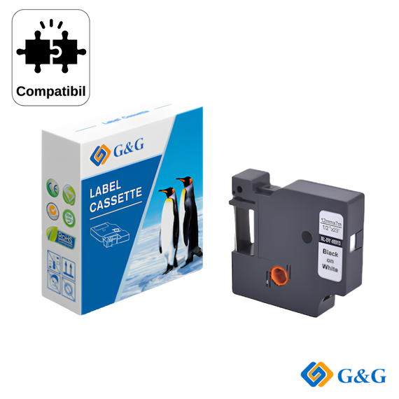 Banda etichete compatibila G&G Black on White RL-DY 45013, pentru Dymo LabelManager 160, 12 mm x 7 m - Papet
