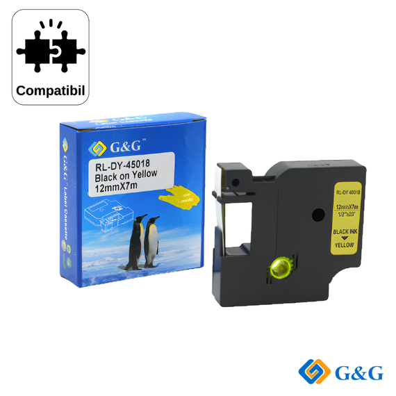 Banda laminata compatibila G&G Black on Yellow RL-D-45018, pentru Dymo LabelManager 210D, 12 mm x 7 m - Papet