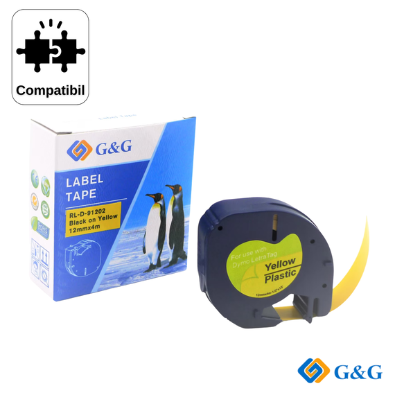 Banda continua compatibila G&G Black on Yellow RL-D-91202, pentru Dymo LetraTag LT-100H, 12 mm x 4 m - Papet