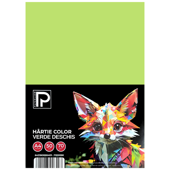 Hartie colorata A4, PAPERLAND, 70 g/mp, 50coli/top, ALEGE CULOAREA: Verde deschis - 2Papet