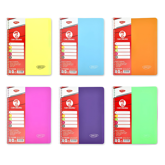 Caiet A4 cu spirala, 5 subiecte, coperta plastic, 200 file, DACO - Papet
