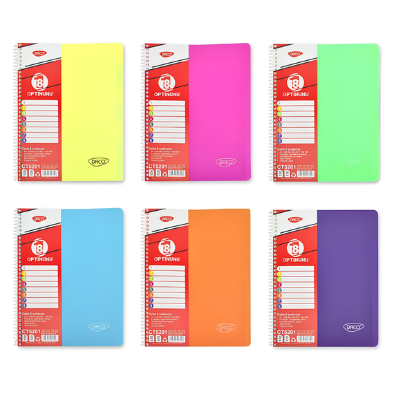 Caiet A4 cu spirala, coperta plastic , 240 file, 8 subiecte, DACO - Papet