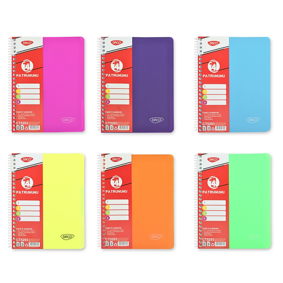 Caiet A5 cu spirala, coperta plastic,120 file, 4 subiecte, DACO - Papet