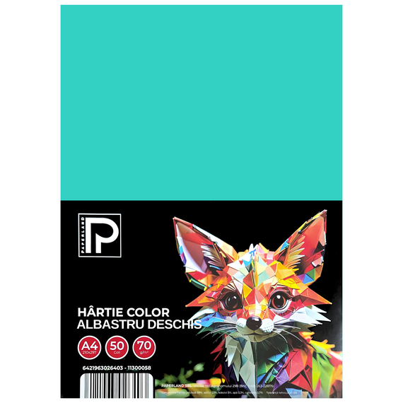 Hartie colorata A4, PAPERLAND, 70 g/mp, 50coli/top, ALEGE CULOAREA: Albastru deschis - 2Papet