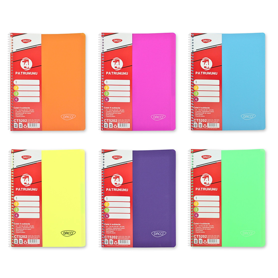 Caiet A4 cu spirala, coperta plastic ,120 file, 4 subiecte, DACO - Papet