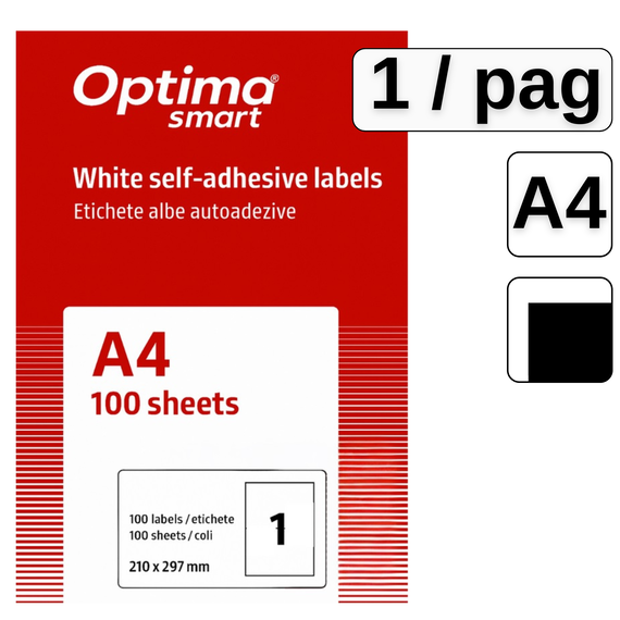 Etichete autocolante albe, colturi drepte, 1 buc/A4, 100 coli/top, OPTIMA - Papet