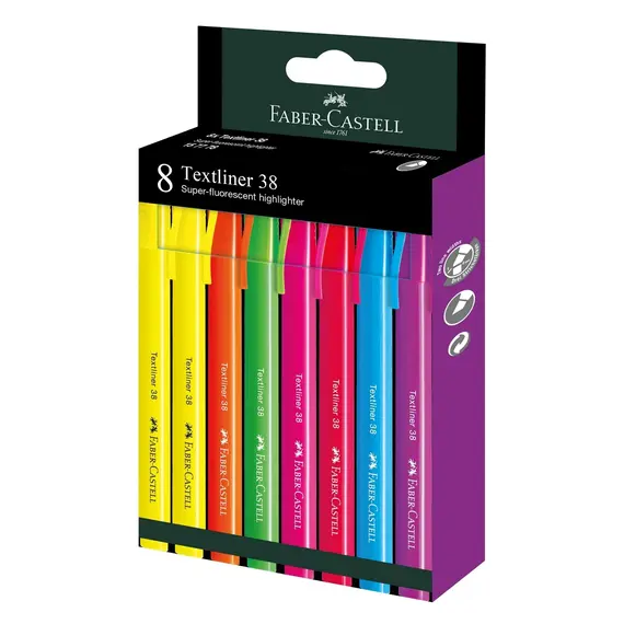 Textmarker 38, culori fluorescente, 8 buc/set, FABER-CASTELL - Papet