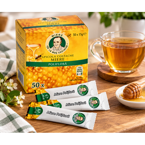 Miere poliflora la plic 15g, 50 buc/cutie, MOS COSTACHE - 2Papet