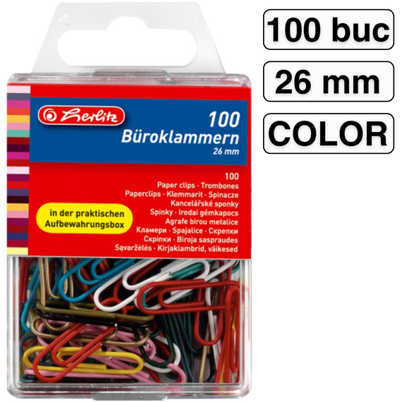 Agrafe birou colorate 26mm, 100 buc/cutie, HERLITZ - Papet