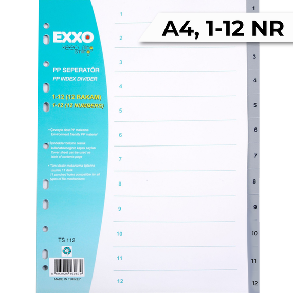 Separatoare plastic A4, numere de la 1-12, EXXO - Papet