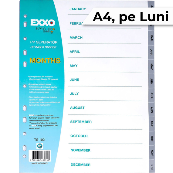 Separatoare plastic A4, Index Ianuarie-Decembrie, EXXO - Papet