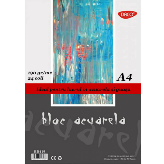 Bloc Acuarela A4, 190g/mp, 24 file, DACO - Papet