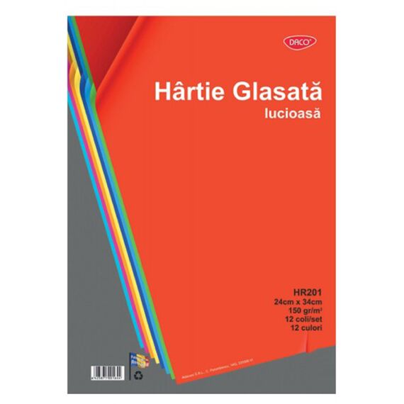Hartie glasata lucioasa 12 file/set DACO, 12 culori - 2Papet