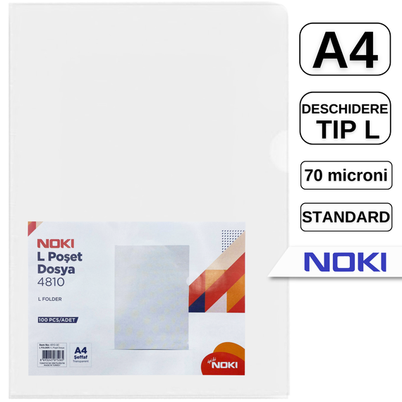 File protectie transparente deschiderea in "L", 70 microni, 100 buc/set, A4, NOKI - Papet